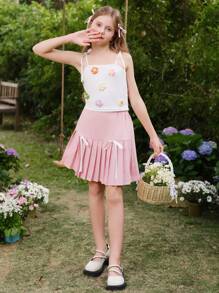 SHEIN Tween Girls Floral Bow Decor Camisole And Cami Tops, Sweet & Cute Style - White - View 5