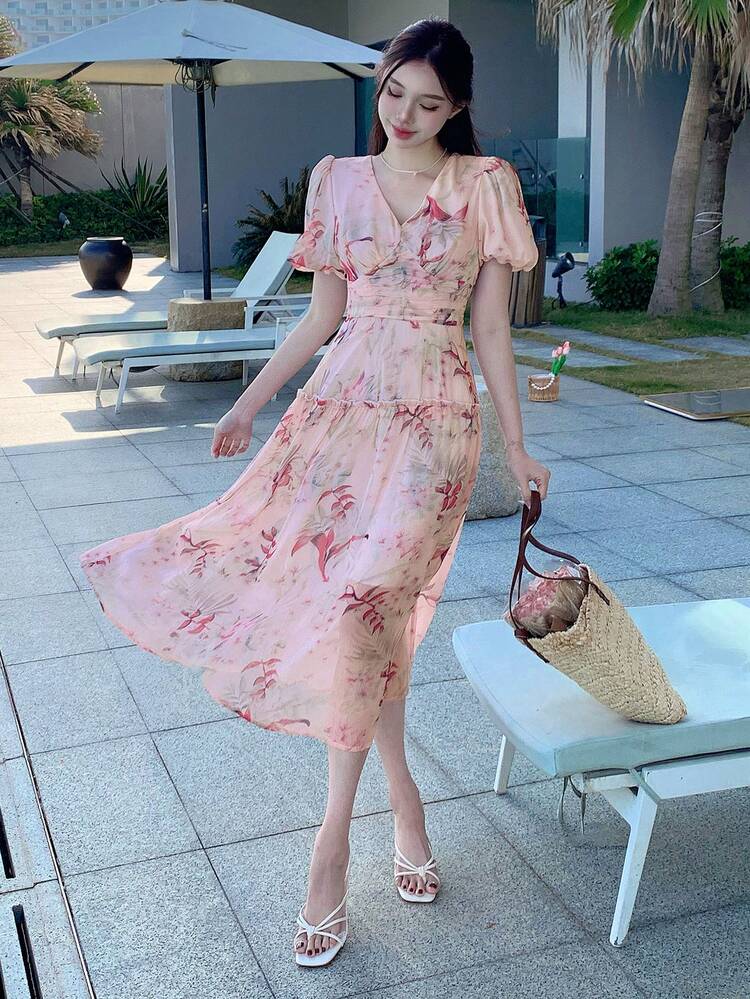Women's V-Neck Short Sleeve Floral Print Casual Dress Sundress