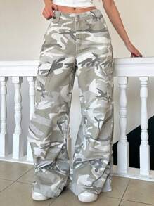 DAZY 宽松迷彩直筒女式休闲工装牛仔裤 - 杏色 - 查看 4