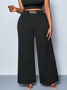 SOLERSUN Plus Size Women's Solid Color Belt Details Wide Leg Pants, Pants, All Season Styles, Parties, Concerts, Commuting Daily Styles, Music Festivals, Romance, Valentine's Day, Vacations