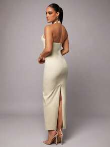 Silquee Solid Color Cream Romantic Valentine's Day & Date Night Vacation Women's Linen Color Pleated Hem Halter Dress, Valentine's Day Dress, Twill Party Dress, Romantic Date Dress, Wedding Bridesmaid Maxi Dress, Formal Ball Gown Dress, Casual Work Dress, White Dress, Birthday Maxi Dress, Vacation Dress,Sexy Office Wear,Old Money,Festival Outfits,Summer Classic,Old Money Style Maxi Dress,Twill Maxi Dress,Casual Office Maxi Dress,Linen Color Dress - White - View 3