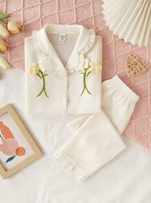 SHEIN Girls Pajamas 2pcs Set - Short Sleeve Top With Ruffle Decor & Long Pants, Minimalist Fashion Style For Young Girl - Apricot - View 1