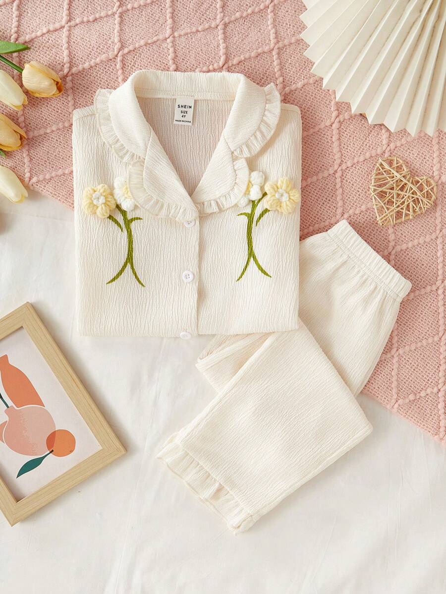 SHEIN Girls Pajamas 2pcs Set - Short Sleeve Top With Ruffle Decor & Long Pants, Minimalist Fashion Style For Young Girl - Apricot - View 1