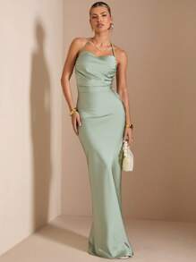 SHEIN BAE Sexy Backless Halter Green Satin Dress With Tie, Spring/Summer, Bridesmaid Dress, Satin Dress, Sexy Dress