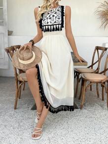 Chiquease Women's Round Neck Chiffon Fabric Contrast Floral Embroidered Tassel Decor Cinched Waist Comfortable Elegant Sweet Vacation Dress - Beige - View 3