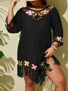 Swim Lushoire Plus Size Loose Crochet Floral Patchwork Tassel Long Sleeve Cover Up Dress, For Summer Beach Vacation - Black - View 3