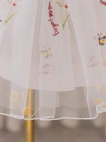 SHEIN Glamorique Kids 女童白色网眼花叶刺绣蓬松连衣裙，适合花童、复活节、生日派对、婚礼、节日、舞台表演、拍照，四季舒适 - 白色 - 查看 5