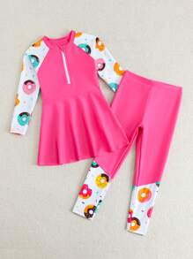 Girls 2pcs Bikini Set, Suspender Crop Top With Cute Donut Pattern Zipper & Printed Pants, Splicing Design - Multicolor - View 4