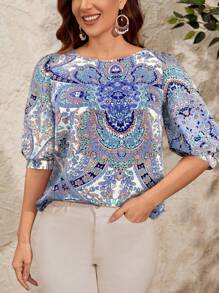EMERY ROSE Camisa informal de manga de linterna con estampado de paisley para vacaciones
