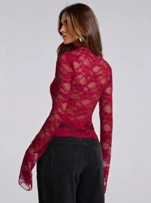 SHEIN BAE Áo cánh tay dài cổ đứng phối ren màu trơn dành cho nữ dáng ôm vừa vặn - Màu Đỏ Sâu - Xem 2