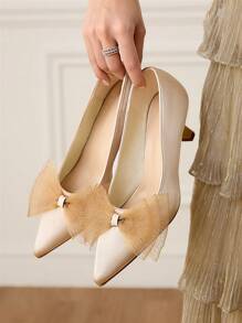 CUCCOO HITCHD 时尚优雅的金色蝴蝶结细高跟鞋，适合新年、情人节、新娘、派对、婚礼、约会、度假等场合春季鞋春假复活节舞会高跟鞋 - 芥末黃 - 查看 8