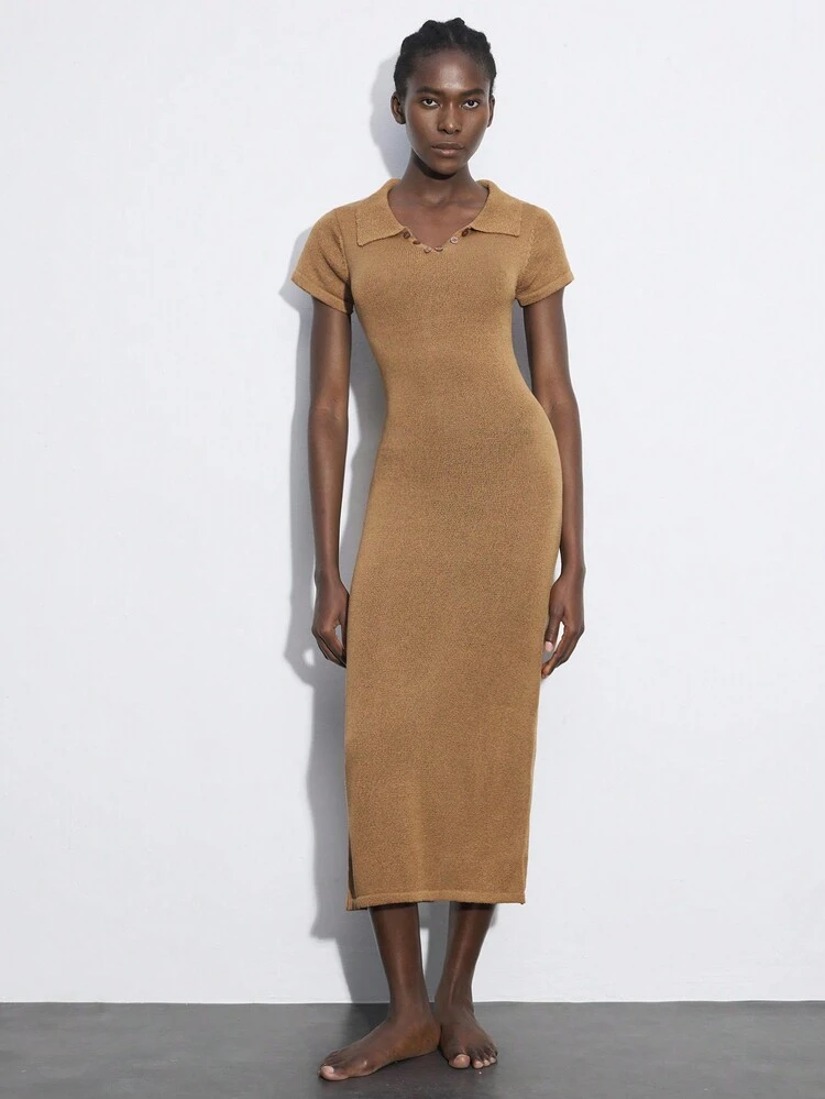 SHEIN Maija Women's Sweater Dress Solid Color Short Sleeve, Casual & Fashionable For Daily Wear Old Money Hippie