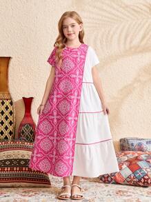 SHEIN Tween Girl Oversized Casual Pattern Color Block Layered Round Neck Dress - Green - View 5