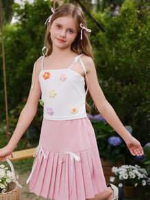SHEIN Tween Girls Floral Bow Decor Camisole And Cami Tops, Sweet & Cute Style - White - View 7
