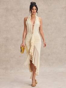 SHEIN BAE 优雅女士长裙，深 V 领，吊带设计，露背，褶皱紧身胸衣和高开衩，适合节日、派对、浪漫约会、与朋友聚会 - 杏色 - 查看 4