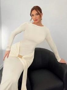 Aloruh Brown Dress For Women, New Autumn/Winter Collection - Apricot - View 3