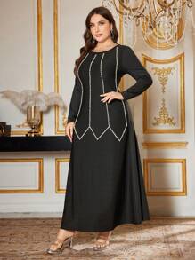 Modelyn Plus Size Women Elegant Round Neck Long Sleeve Pearl Decorated Dress - Black - View 3