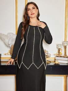 Modelyn Plus Size Women Elegant Round Neck Long Sleeve Pearl Decorated Dress - Black - View 5