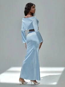 SHEIN Unity 2 件套女士纯色缎面短款宽松上衣和高腰直筒长裙 - 藍色 - 查看 2