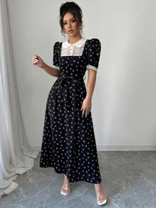 Modelyn 女士编织黑色蝴蝶印花撞色蕾丝短袖荷叶边 A 字腰优雅花卉复古中长连衣裙 - 黑色 - 查看 5