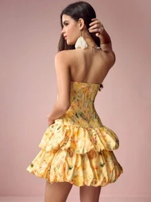 Enchnt 春夏浪漫女士黄色花卉印花紧身胸衣双泡泡下摆露肩可爱迷你连衣裙，甜美性感太阳裙，适合节日派对、度假、甜蜜约会和毕业季，时尚女士夏装，连衣裙优雅