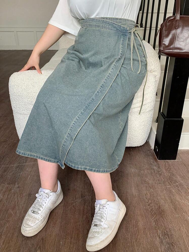 Dazy Plus 大码水洗做旧直筒系带连体牛仔裙，适合所有季节秋冬 - 藍色 - 查看 6