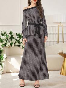 Modelyn 2 件女式春夏花卉印花长袖露肩上衣和裙子套装 - 黑色 - 查看 5