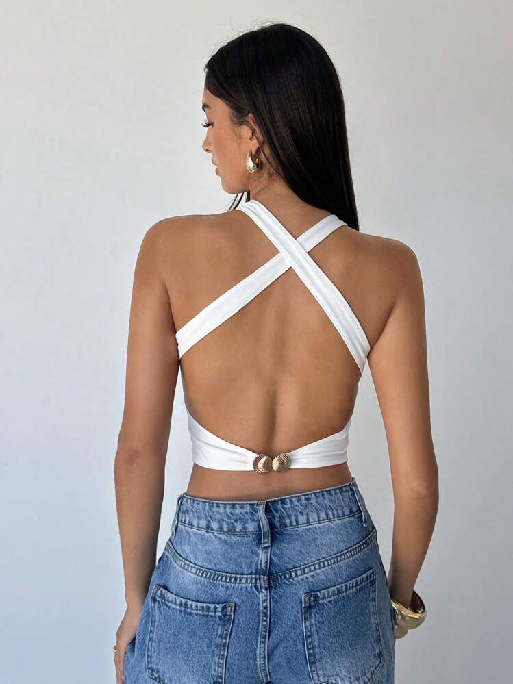 Aloruh Top sin espalda de tirantes cruzados de color liso de moda para mujeres - Blanco - Añade 3