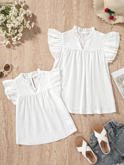 SHEIN Girls White Cap Sleeve Cap Sleeve Cute V-Neck A-Line Blouse, Princess Sweet Matching Sister Outfits, Fashion Look