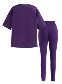 SHEIN Set 2 bucăți Tween Girl: tricou cu mânecă scurtă și pantaloni cu mânecă scurtă, cu imprimeu de portrete, cu decor largi - Violet - Vizualizare 3