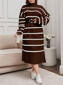 EURMUSE Plus Size Stand Collar Long Sleeve Striped Split Dress, Casual Daily Wear - Brown - View 3