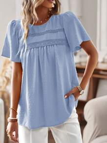 SHEIN Holidaya Women Contrast Lace Round Neck Short Puff Sleeve Shirt - Blue - View 4