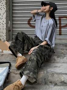 DAZY 女士休闲迷彩水洗牛仔裤，简约时尚，适合日常穿着的街头服饰 - 軍綠色 - 查看 5