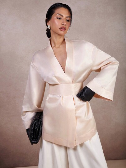 COSMINA Damen einfarbiges Kleid mit V-Ausschnitt, Langarm, Lässig, elegant