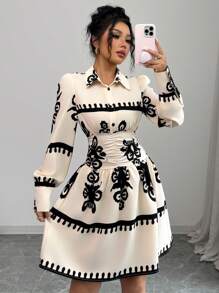 Elenzga Casual Long Sleeve Printed Waist Cinched Dress For Women Fall Cloth For Women - Apricot - View 7