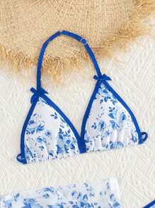 Tween Girls Blue Floral Bow Cute Vacation Bikini Set - Multicolor - View 3