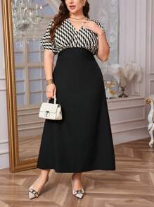 SHEIN Privé Plus Size Elegant Commute & Vacation V-Neck Splice Wave Striped Colorblock Print A-Line Long Dress; Wedding Season Long Dress - Multicolor - View 2