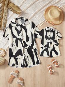 SHEIN Baby Girl Cute Zebra Print Pleat Shirt And Shorts Set, Summer - Black and White - View 1