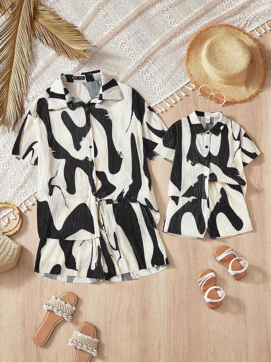 SHEIN Baby Girl Cute Zebra Print Pleat Shirt And Shorts Set, Summer - Black and White - View 1