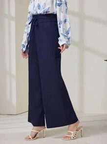Mulvari 女士纯色系腰阔腿休闲宽腿裤 - 藏蓝色 - 查看 5