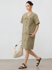 Dazy-Less Vestido de verão feminino estilo reto, estilo casual, com bolsos grandes e comprimento médio - Verde de Exercício - Ver 3