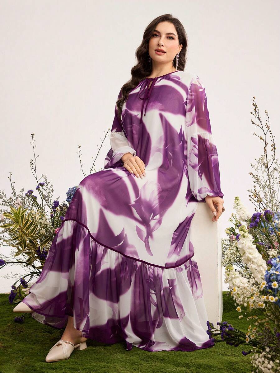 Graceveil Plus Size Floral Print Romantic Dress - Purple - View 1