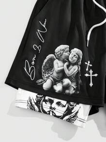 ROMWE MEN Goth Men's Letter & Cross Print Drawstring Waist Casual Sports Shorts - Black and White - View 4