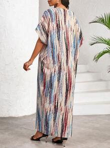 SHEIN Lady Elegant Casual Work Party Striped Print V Neck Slit Butterfly Sleeve Women Dresses Long Dress For Summer Maxi Boho Resort - Multicolor - View 2