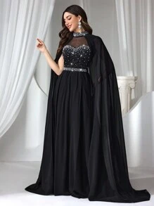 Coutiva 女士正式晚礼服、婚礼宾客礼服（镶有水钻和人造珍珠）、派对礼服、长袍 - 黑色 - 查看 7