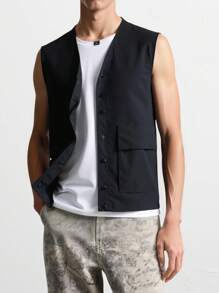 ROMWE MEN Men's Solid Color Single-Breasted Cargo Casual Loose Fit Utility Vest - Black - View 1