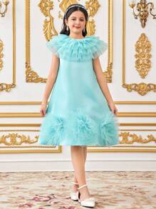 SHEIN Leap Crew 青少年女孩宽松优雅经典多层网眼立领 3D 花卉连衣裙套装 - 藍色 - 查看 4