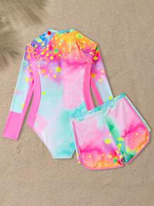 SHEIN 青少年女孩扎染印花长袖连体泳衣（配平角裤）