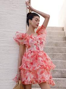Aveloria Rosie Váy ngắn xòe thắt nơ họa tiết hoa thanh lịch bằng vải voan nhún bèo tay lửng dành cho nữ phong cách thời trang Boho cho kỳ nghỉ mùa hè - Nhiều màu - Xem 5