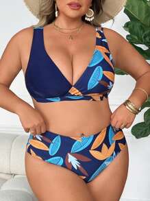 SHEIN CURVE+ Plus Size Women Summer Tropical Leaf Print Patchwork Bikini Set - Black - View 5